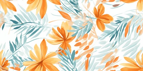 Orange and blue watercolor floral seamless pattern - obrazy, fototapety, plakaty