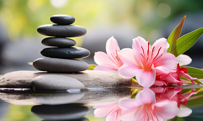 Fototapeta na wymiar Spa still life with zen stones and flowers, yoga meditation concept illustration background