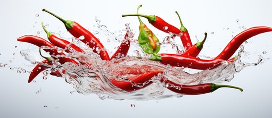 White background Fresh red chilies with chili slices floating in the air