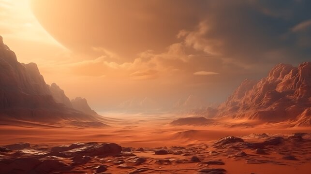 Beautiful desert landscape with mountains and sand on the red planet Mars.