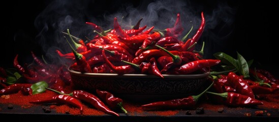 view of red chilies in flames and smoke on black background