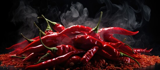 view of red chilies in flames and smoke on black background