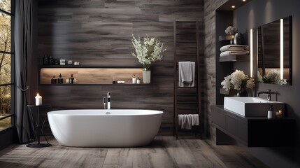 Fototapeta na wymiar Modern bathroom interior with dark wood walls and white bathtub