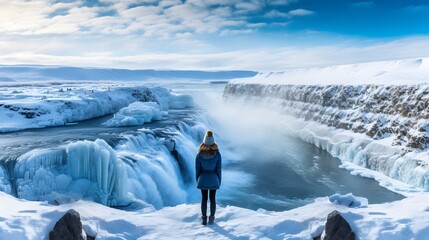 Freedom tourist woman enjoying on viewpoint of Gullfoss waterfall or Golden Falls with extreme hvita river flowing in canyon on winter at Iceland