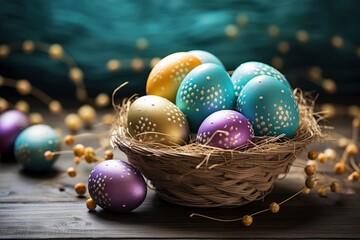 Happy easter, Easter painted eggs in the basket on wooden rustic table for your decoration in holiday. copy space - generative ai