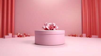 Minimal abstract product background for Valentine and Christmas, Podium with red gift box on red background. 3d render. stage for product design.