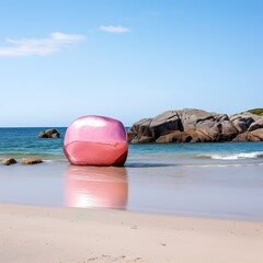 A large pink rock sits on the beach with the ocean in the background,