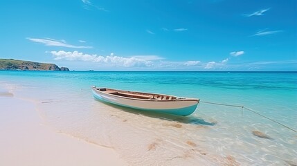 A wooden boat sits on a sandy beach with the ocean in the background,