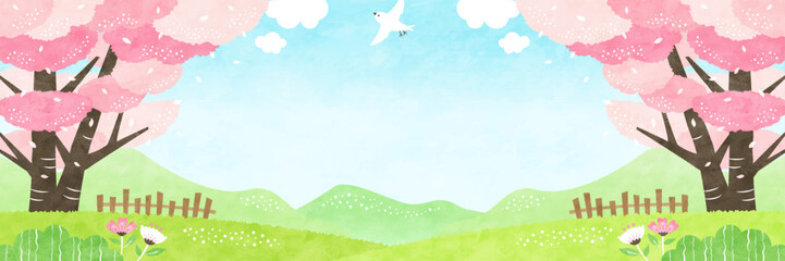 桜の木と春の山々の風景 自然あふれる水彩背景イラスト © soo.