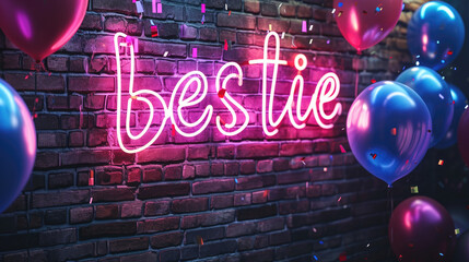 Bestie written in neon sign, with confetti and copyspace