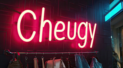 Cheugy written in a neon sign. Gen Z slang for uncouth, trashy, outdated fashion