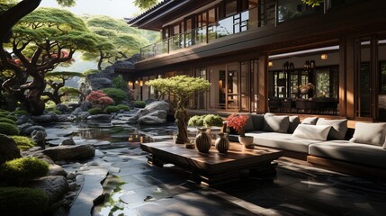 Fototapeta na wymiar Asian style house with a beautiful garden