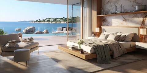 Modern luxury villa bedroom with stunning Mediterranean sea view