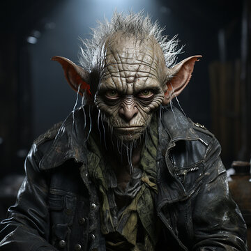 An ugly gnome dressed in a dark jacket