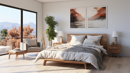 Modern bedroom interior with a large bed, two paintings, a plant, and a comfortable chair