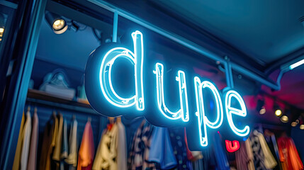 Dupe written in a neon sign, at a clothing store. Gen Z slag for a duplicate or replica item of an expensive designer fashion accessory, shoes or clothing - obrazy, fototapety, plakaty