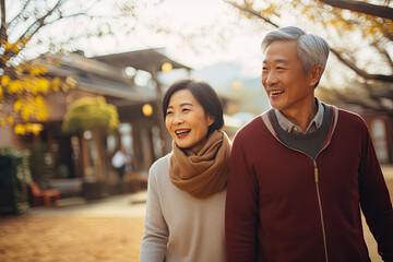 An elderly couple taking a leisurely stroll in the neighborhood, enjoying each other's company.