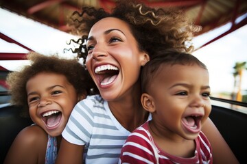 A happy family is laughing together on a roller coaster.