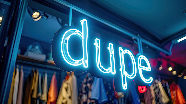 Dupe written in a neon sign, at a clothing store. Gen Z slag for a duplicate or replica item of an expensive designer fashion accessory, shoes or clothing