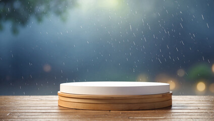 podium for product presentation with blurred rain background