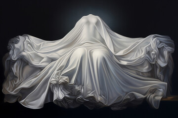 A headless person covered in floating silky white fabric - obrazy, fototapety, plakaty
