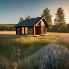 A Scandinavian-style wooden cabin nestled in a sunlit meadow3