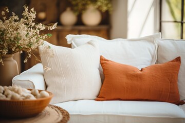 A sofa with a variety of throw pillows and a bowl of decorative objects