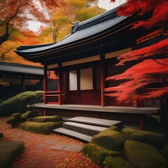 A traditional Japanese shrine surrounded by vibrant autumn foliage1 - obrazy, fototapety, plakaty