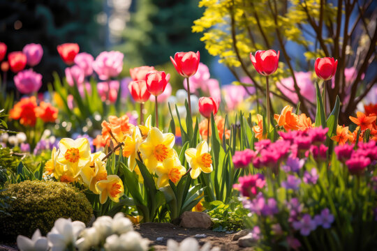 well-tended garden filled with various flowers in bloom, showcasing the freshness and vitality of spring.