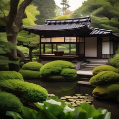 A Japanese tea house nestled within a serene garden1 - obrazy, fototapety, plakaty