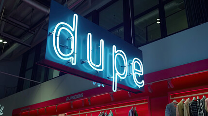 Dupe written in a neon sign, at a clothing store. Gen Z slag for a duplicate or replica item of an expensive designer fashion accessory, shoes or clothing