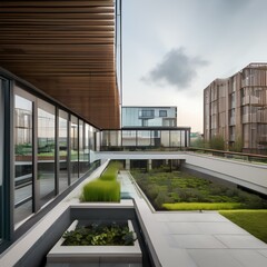 Fototapeta na wymiar A contemporary sustainable development with green roofs and gardens3