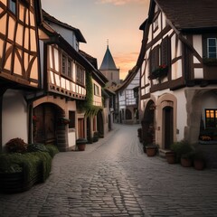 Fototapeta premium A European medieval town with cobbled streets and half-timbered houses1