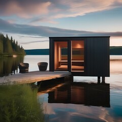 A Scandinavian sauna hut overlooking a serene lake3