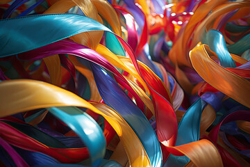 Close-up of vibrant multi-colored streamers adorning