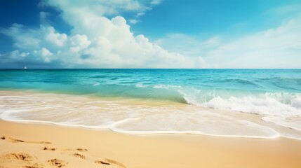 Fototapeta na wymiar Tropical summer sand beach on sea sky background, copy space.