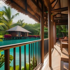 A tropical resort with overwater bungalows and lush gardens1 - obrazy, fototapety, plakaty