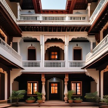 A traditional Indian haveli with ornate balconies and courtyards1