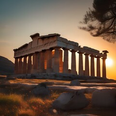 Obraz premium An ancient Greek temple ruins silhouetted against a vibrant sunset2