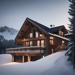 Foto op Canvas A Scandinavian-style ski lodge nestled in a snowy alpine valley2 © ja