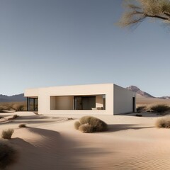A sleek, minimalist desert residence blending into the sandy landscape1 - obrazy, fototapety, plakaty