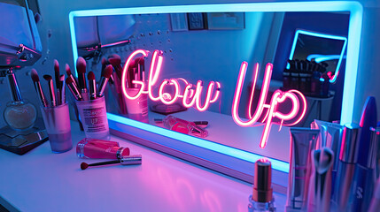 Glow Up written in neon lights at a cosmetic store, popular Gen Z slang for a makeover