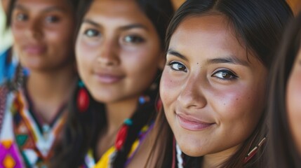Group of beautiful attractive indigenous Native American young women looking at the camera.