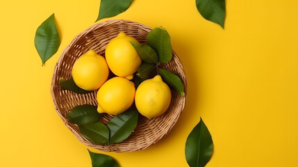 Organic ripe lemon fruit crops in wicker plate decorated green leaves on yellow background top view. AI