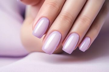Woman hand with lavender color nail polish on her fingernails. Purple nail manicure with gel polish at luxury beauty salon. Nail art and design. Female hand model. French manicure.