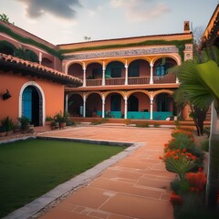 A traditional Mexican hacienda with colorful courtyards and arcades3 - obrazy, fototapety, plakaty