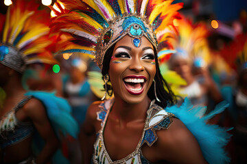 Energetic and flamboyantly dressed Samba dancers in Carnival parade