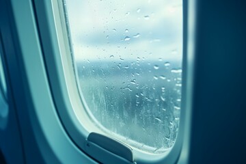 Close-up view of water droplets on the airplane window, shot from the seat, before take-off.