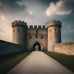A medieval fortress with towering walls and a drawbridge2 - obrazy, fototapety, plakaty