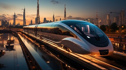 futuristic cityscape with a maglev train